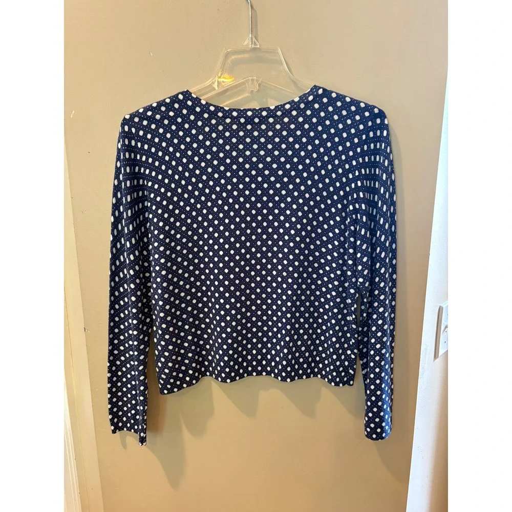 Talbots Petite Medium Navy Blue White Lattice Polka Dot Cotton Cardigan NWT